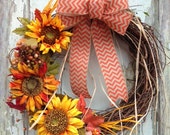 Fall Sunflower Wreath - Thanksgiving, Autumn, yellow, orange burlap chevron