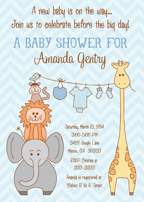 Safari Jungle Animals with Clothes Line Baby Shower Invitation - Printable - Many Colors Il_570xn