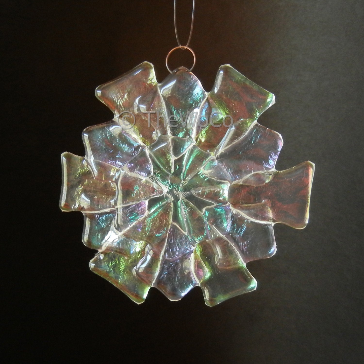 FLEUR Iridized Fused Glass Snowflake Ornament Suncatcher