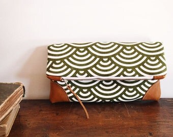 Foldover Clutch Purse/ olive green wave pattern and natural Tan Leather/ zippered clutch/spring/ June trend