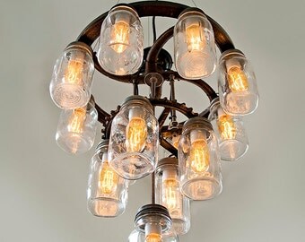 Mason Jar Chandelier 3 tier Industrial Cast Iron Gears