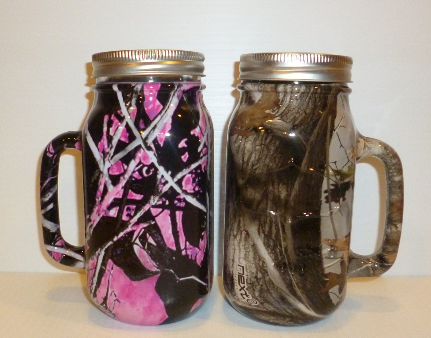 Camo mason jar beer mugs in 24 ounce mugs hydrodipped in Muddy
