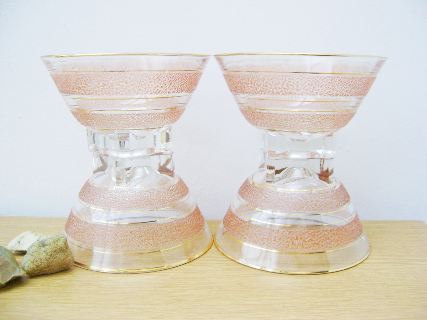 Set of Four French Dessert dishes in glass and pink tea light holders