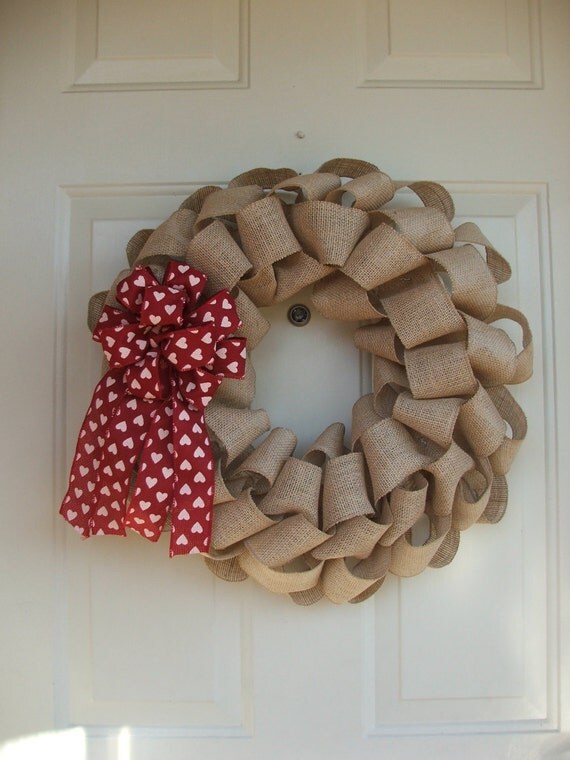 Items similar to Valentines Day Burlap Ribbon Wreath with Red Valentine