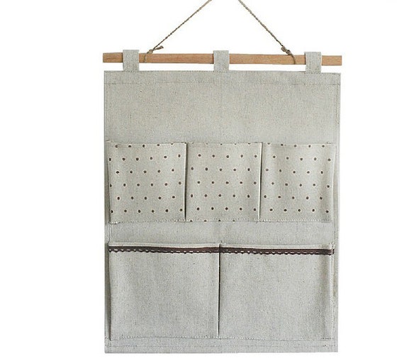 Neutral Linen Wall Hanging Bag with 5 Pockets, Linen Creative Dots Wall Hanging Storage Bags, Household Storage Bag,Home and Living Storage