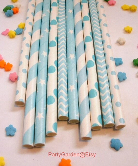 25 Mixed Baby Blue Paper Drinking Party Straws - With Free Printable DIY Flags - Baby Shower Il_570xn