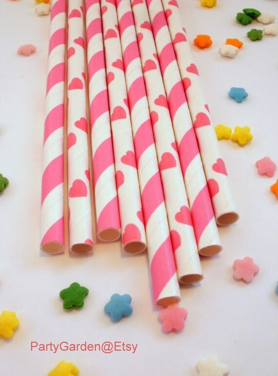 50 Pink Heart and Striped Paper Drinking Party Straws - With Free Printable DIY Flags Il_570xn