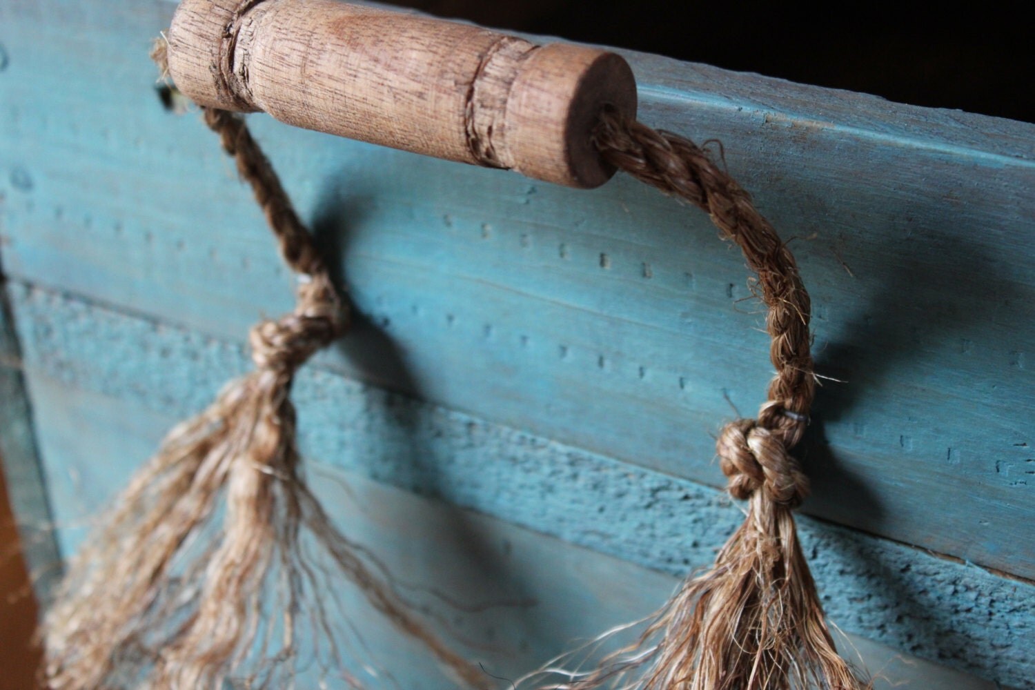 Wooden crate with handles made from wood and rope Made to