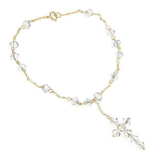 14K Gold Rosary Style Bracelet With White Crystals
