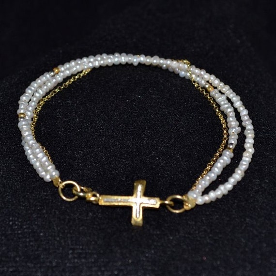 Beaded Gold with  Charm charm gold Plated Bracelet bracelet Cross cross