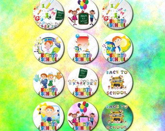 Images digitales pour cabochon rond, Ecole, REntrée scolaire, enfant, 25mm, cabochon en verre, cabochon epoxy, capsule, pendentif, clipart