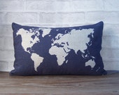 Blue lumbar pillow case with world map design -cotton linen decorative throw pillow-world map pillow-blue map pillow case - map pillow case
