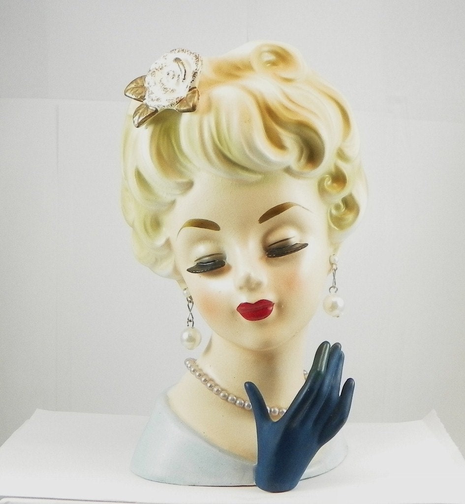 Lady Head Vase Vintage Inarco Blue Gloved Hand Blonde Hair