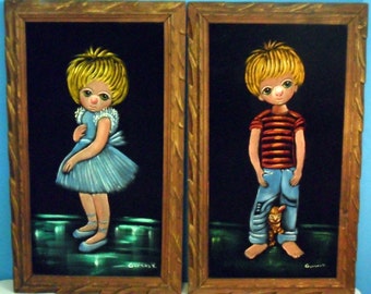 Vintage Painting Velvet Pair --BIG EYE KIDS-- Adorable Irresistible Children Clown Ballerina -- Vibrant Color Vtg Carved Rustic Wood Frames