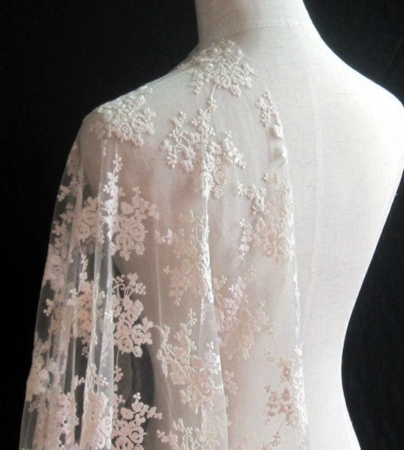 Cream Lace Fabric Mesh Embroidered Floral Bridal Fabric For