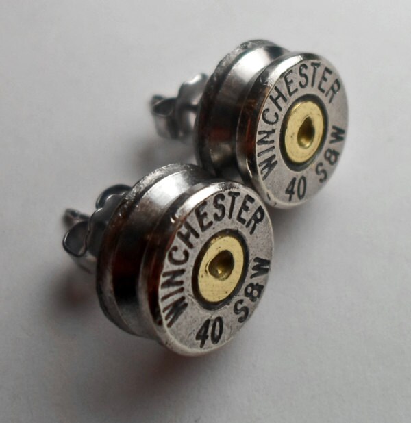 40 Smith & Wesson Winchester Nickel Bullet Head Stud Post Earrings Bullet Jewelry Steampunk
