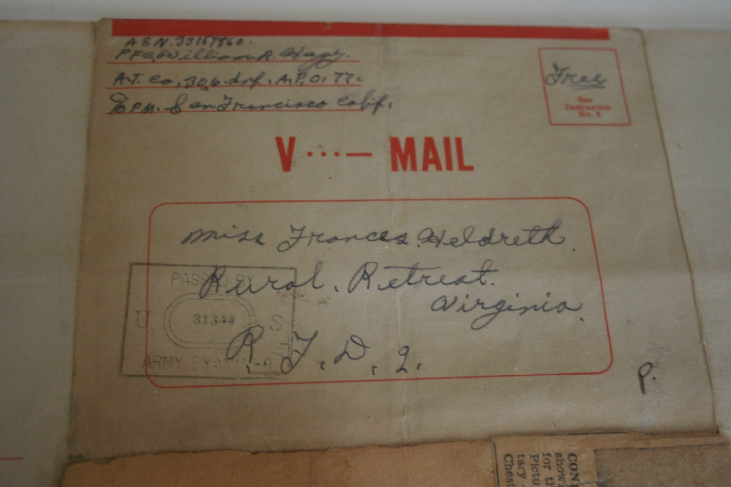 1940s Pacific Theater WW 2 V-Mail Letter Sent To Wife From