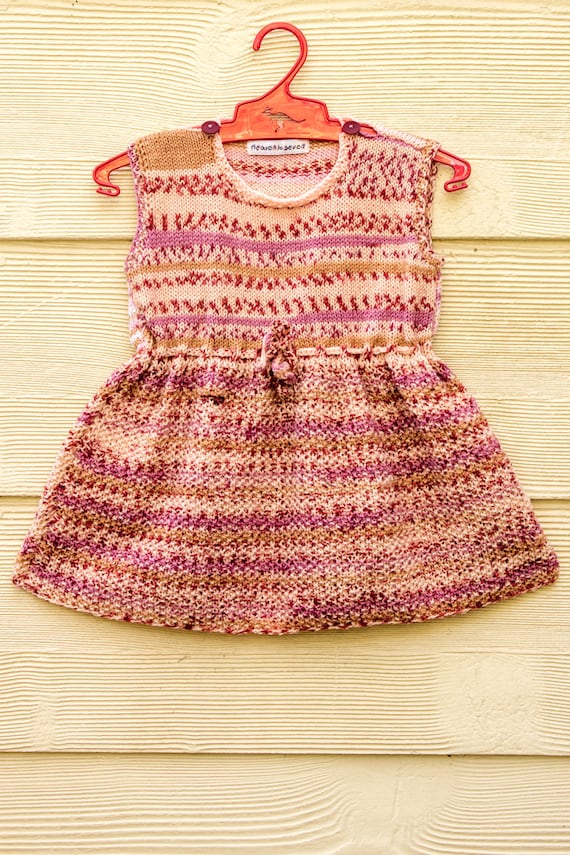 Knitted Cute And Pretty Pink Wool Baby Dress in Moss Stitch