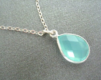 Aqua Necklace, Aqua Chalcedony Necklace, Aqua Faceted Teardrop Sterling Chain, Bridesmaids Jewlery