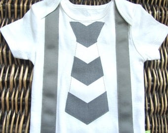 Baby Boy Clothes - Baby Boy Tie and Suspenders Outfit - Grey Chevron Tie With Grey Suspenders - Coming Home Outfit - Boys First Birthday