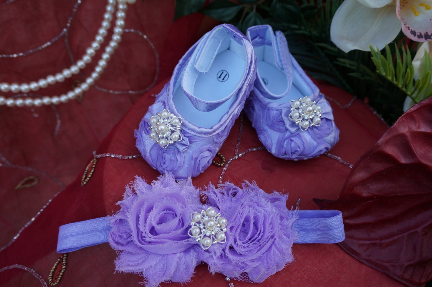 Lavender Baby Crib Shoes Satin Rosette Baby Shoes Baptism