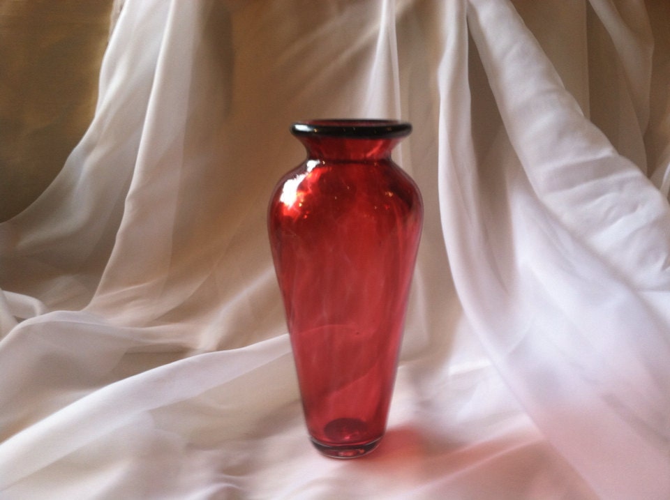 Ruby Red Blown Glass Vase. Hand Blown Glass Amphora. Classic