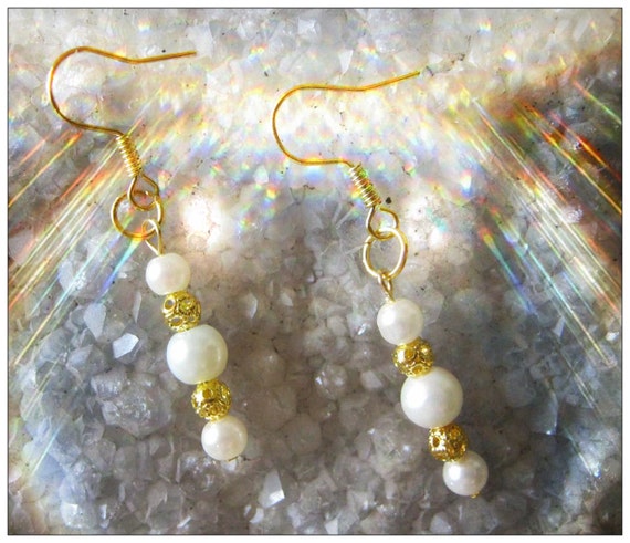 Gold Hook Earrings with White Pearls by IreneDesign2011