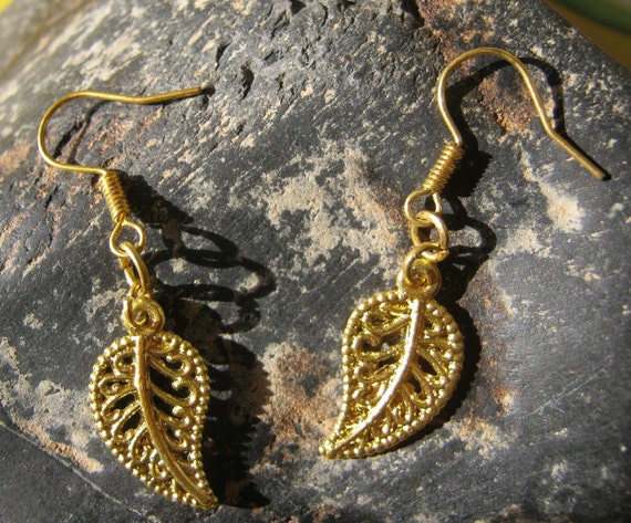 Beautiful Handmade Gold Hook Earrings with Leaves by IreneDesign2011