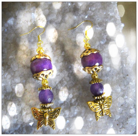 Handmade Gold Hook Earrings with Purple Jade, Amethyst & Butterfly by IreneDesign2011