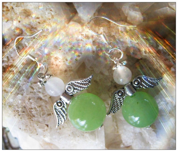 Handmade Silver Guardian Angel Earrings with Green Jade & White Opal by IreneDesign2011