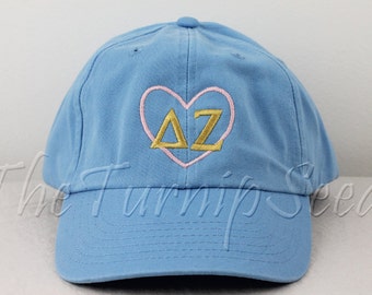 Delta Zeta Sorority Baseball Cap - Pink Heart with Greek Letters