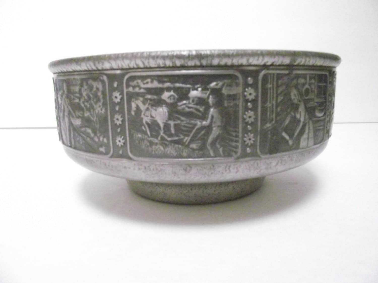 Vintage Pewter Bowl with Panel Scenes Elk Norway Herdet Tinn