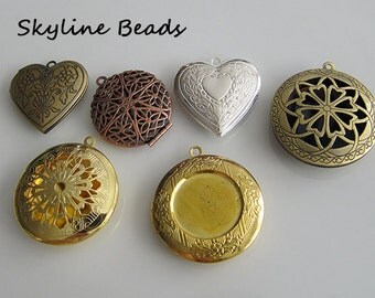 6 Brass Locket Pendants Mixed Shapes and Colors