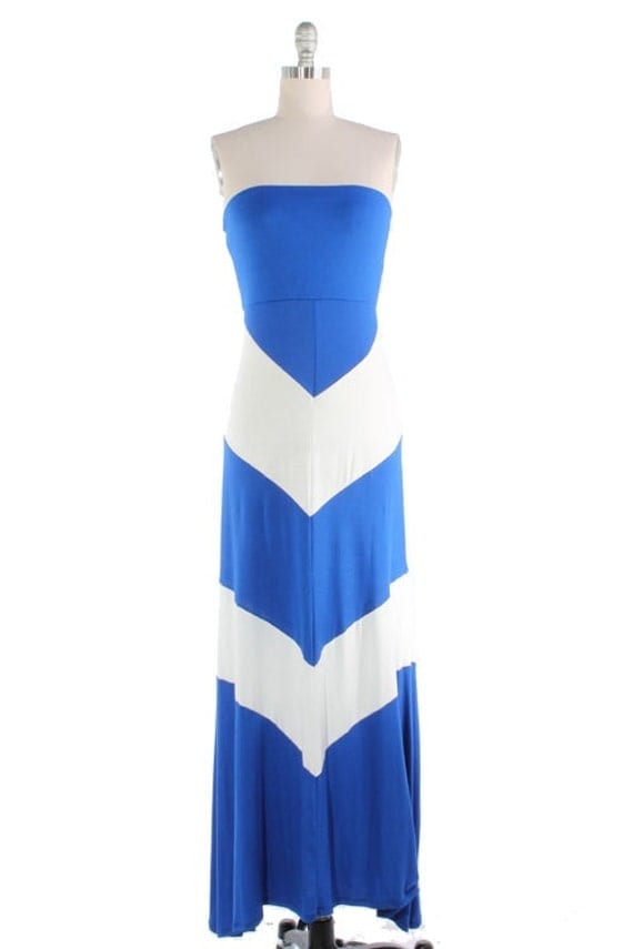 Womens Maxi Dress Chevron Royal Blue and White Strapless Long