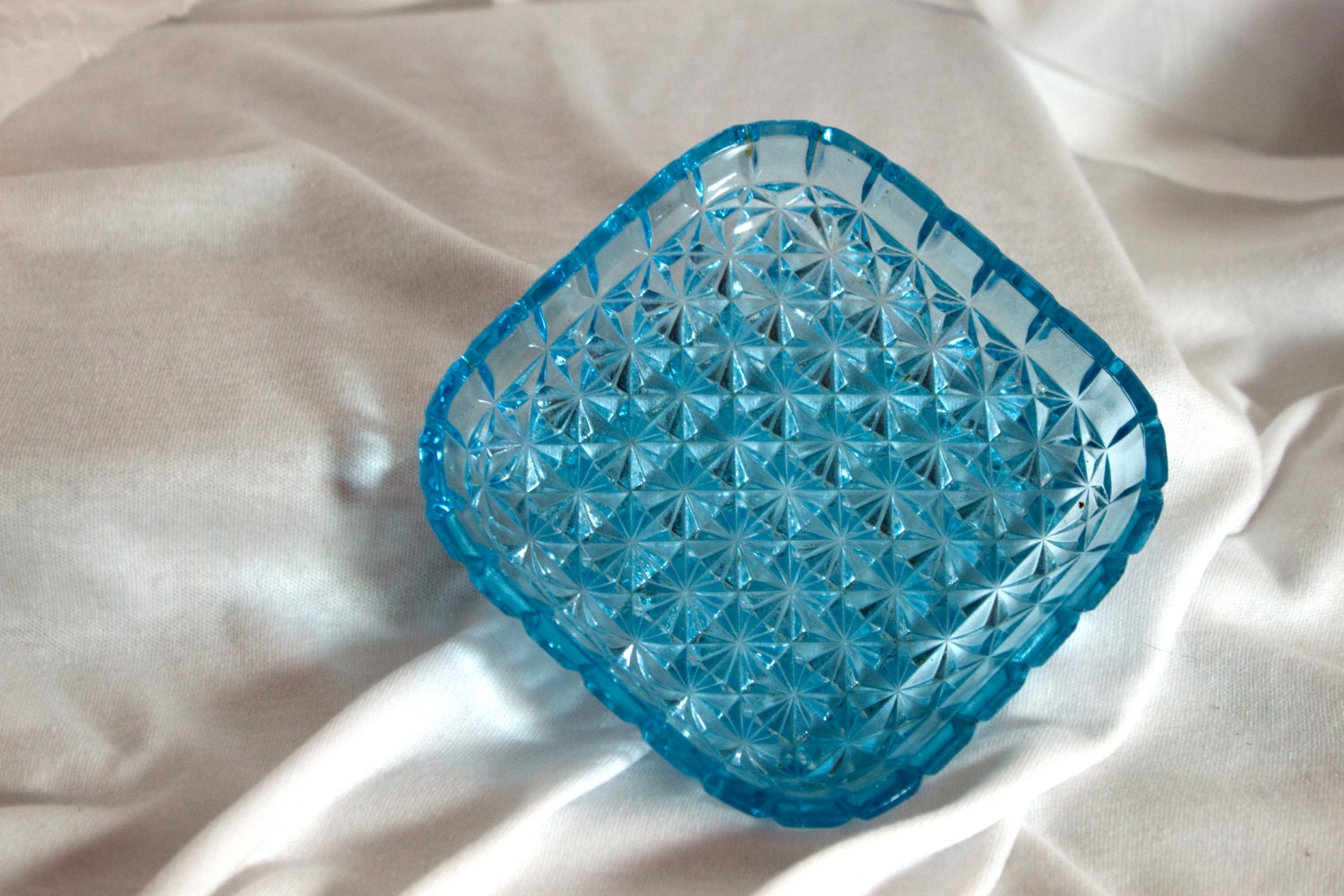 Vintage Square Cut Glass Ashtray in Vibrant light blue color