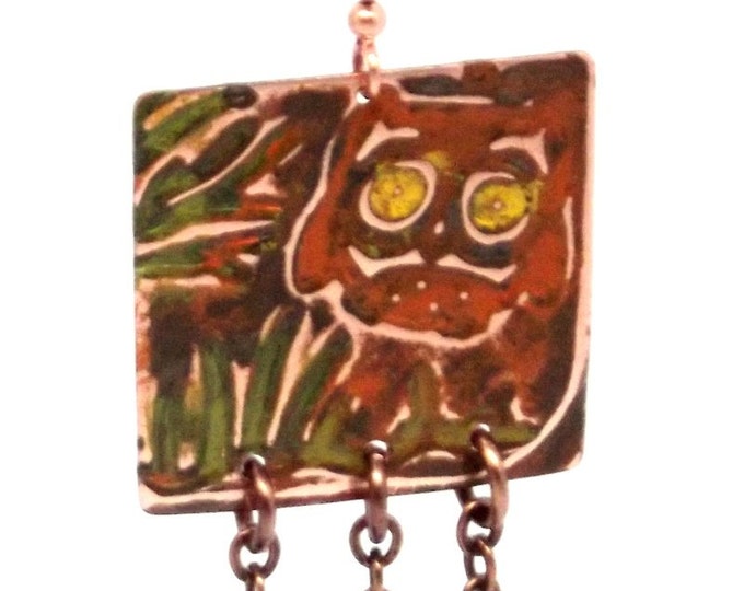 HOOT Owl Copper Dangle Halloween Earrings Great Gift Autumn Fall Celosia Orange Pumpkin Koi OOAK One of a Kind