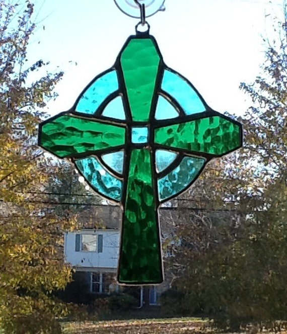 Stained Glass Green Celtic Cross 6 1/4 x 5 in.