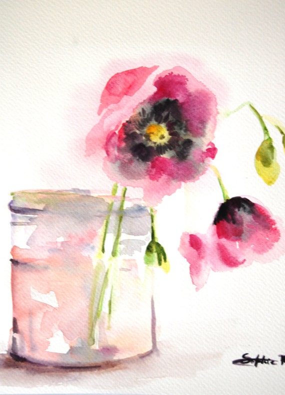 ORIGINAL Watercolor Painting. Pink Flowers in Glass Still