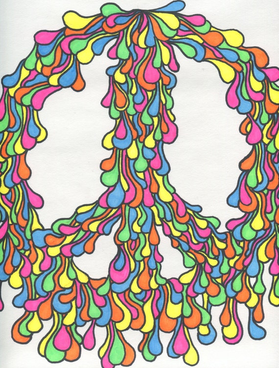 Items similar to Trippy Peace Sign Neon Color Drawing Original on Etsy