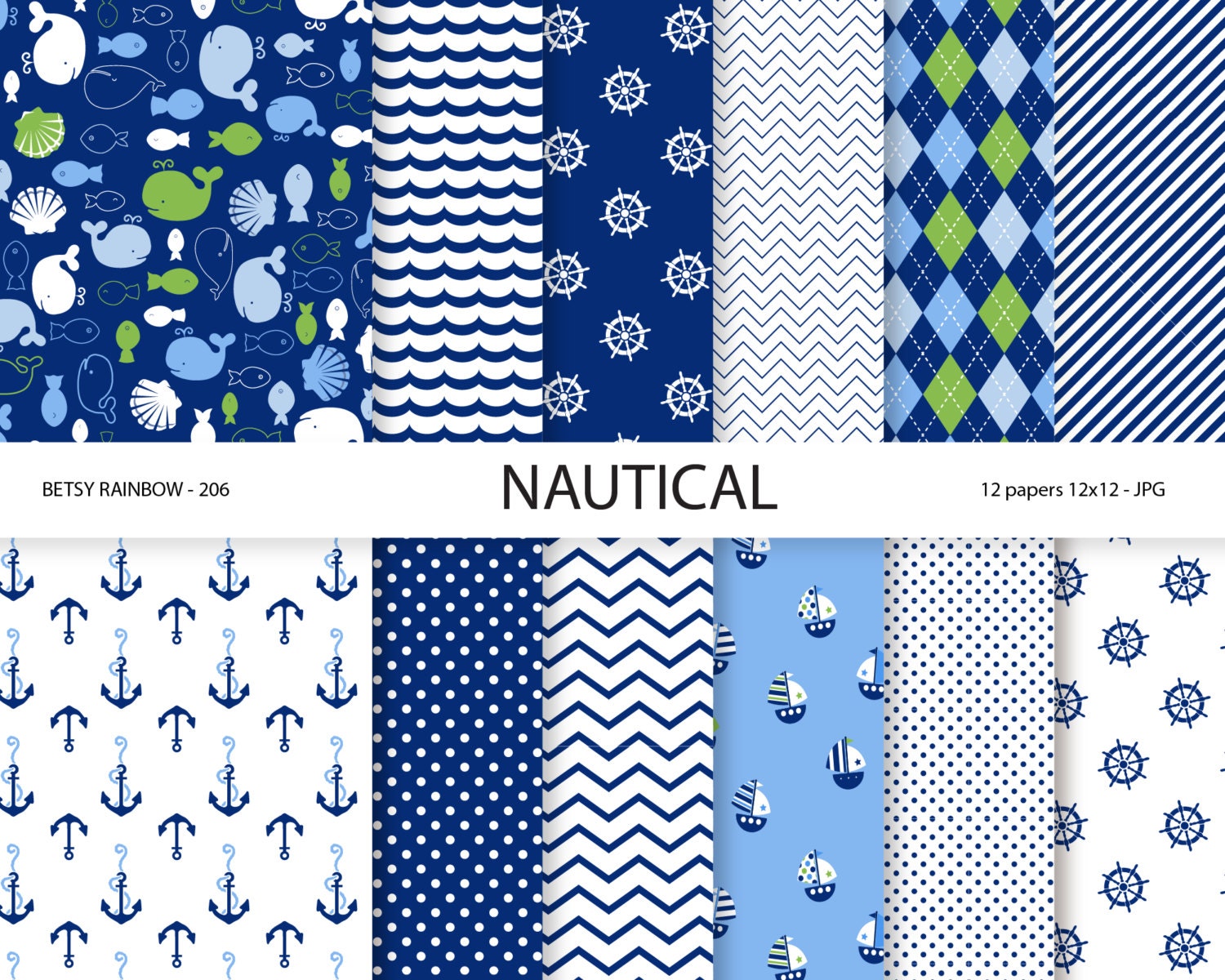 Nautical digital paper scrapbook paper in navy blue with