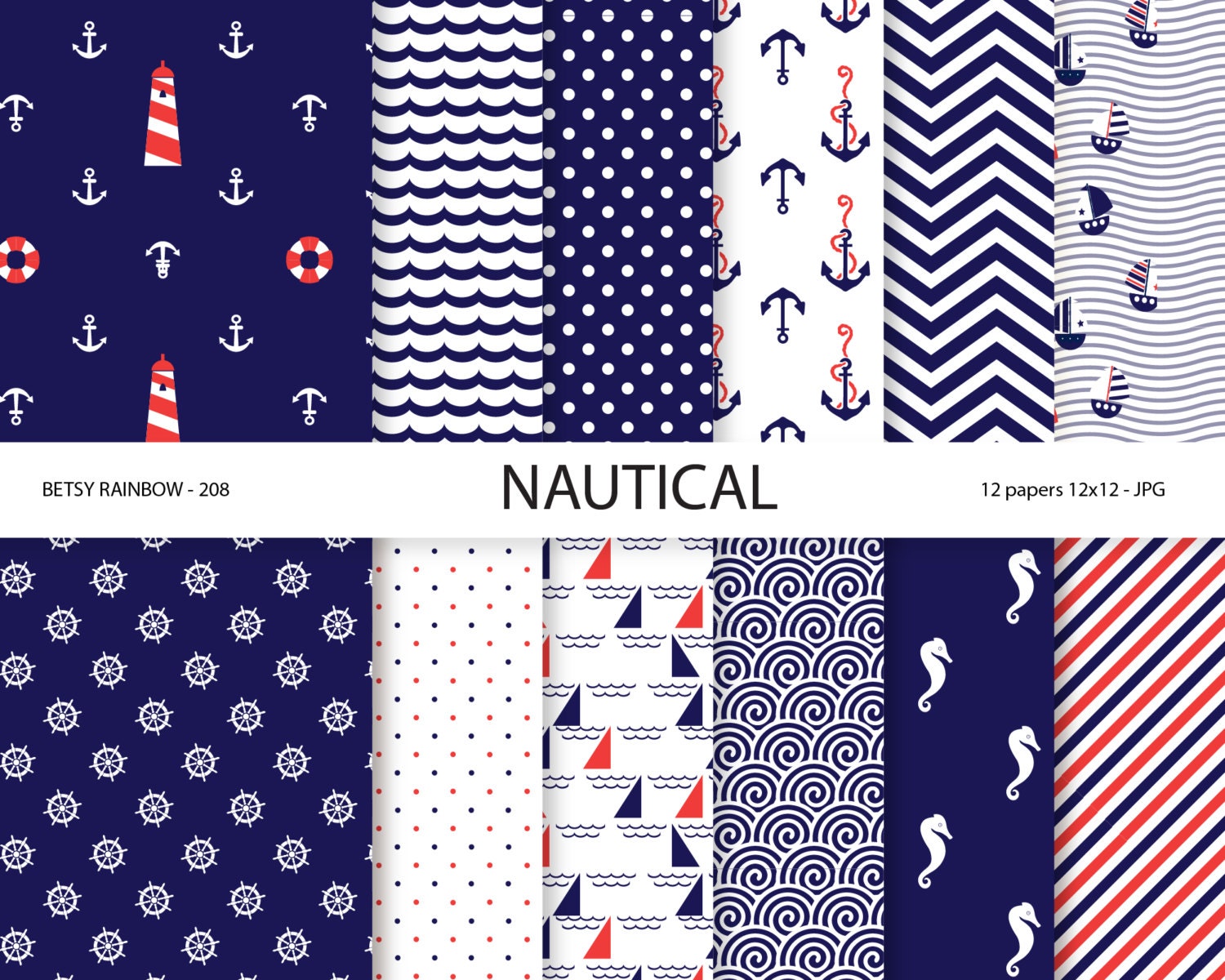 Nautical digital paper scrapbook paper in navy blue with