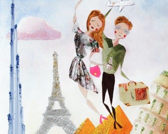 Custom Portrait - Personalized Illustration - Traveling Couple - Original Mixed-Media