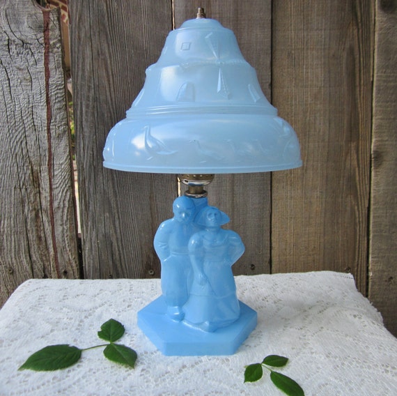 Vintage Blue Glass Lamp with Glass Shade by CornerHouseAntiques