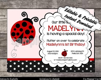 Ladybug Invitation Birthday Party - Editable Printable Digital File with Instant Download