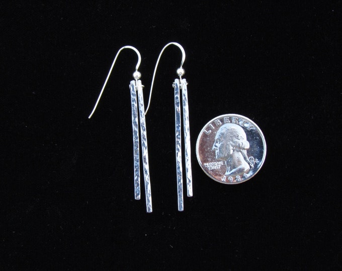 Silver Hand Hammered Earrings Two Stainless Steel High Gloss Bars Womens Girls Wedding Christian Jewelry - Saint Michaels Jewelry