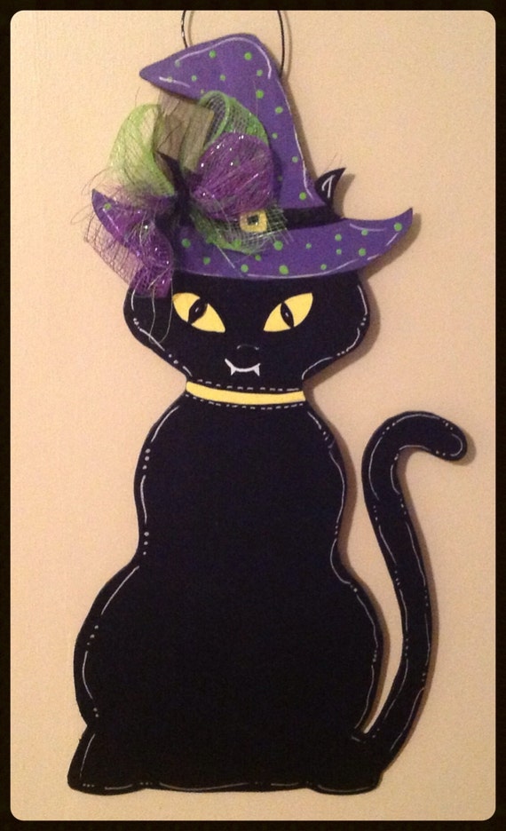 Black Cat Halloween Pumpkin Wooden door hanger