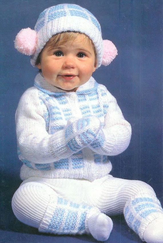 Baby Pram Set Sweater Mittens Hat & Leg warmers DK 8 ply