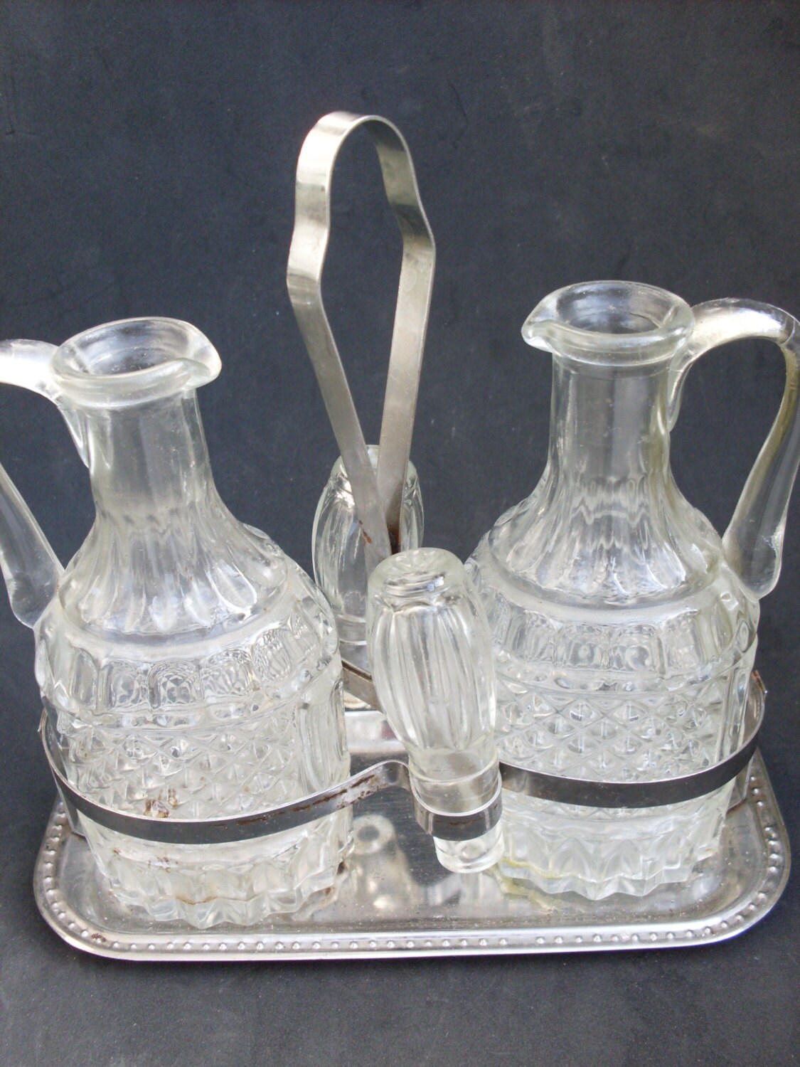 Vintage Italian Crystal Oil and Vinegar Cruets with original Stainless