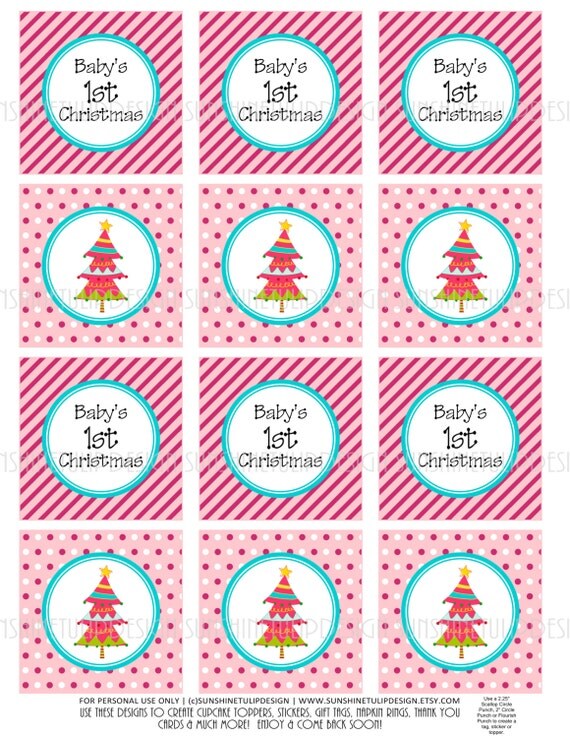Babys First Christmas Printable DIY Party Tags Stickers and