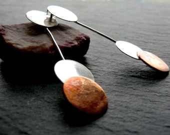 Pendulum Drop Earrings, Long, copper, silver, handmade